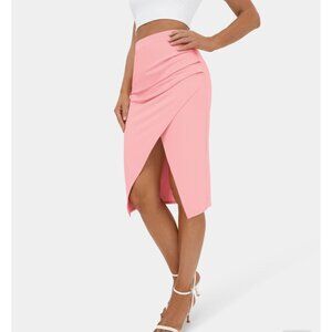 Halara Ruched Split Hem Midi Skirt Sz Small Womens Pink Bodycon Casual Soft